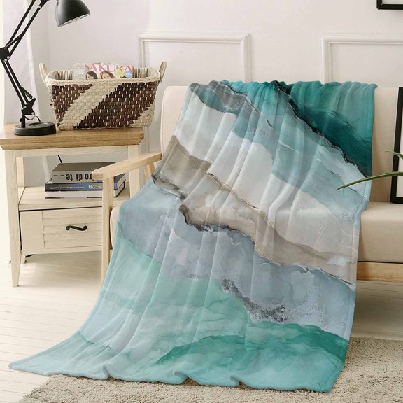 Fleece Blanket Abstract Marble Cyan Teal Gradient Blankets, Soft Cozy Warm Flannel Throw Blanket, Minimal Art Blanket for Bed Couch Sofa,40x50In