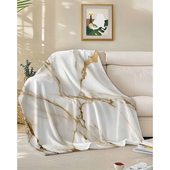 Fleece Blanket Abstract Marble Gold Stripe Art Blankets, Soft Cozy Warm Flannel Throw Blanket, Watercolor Natural White Stone Blanket for Bed Couch Sofa,50x60In