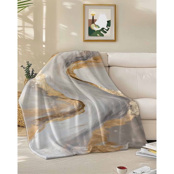 Fleece Blanket Abstract Marble Texture Pattern Blankets, Soft Cozy Warm Flannel Throw Blanket, Gray Gold Gradient Blanket for Bed Couch Sofa,50x60In