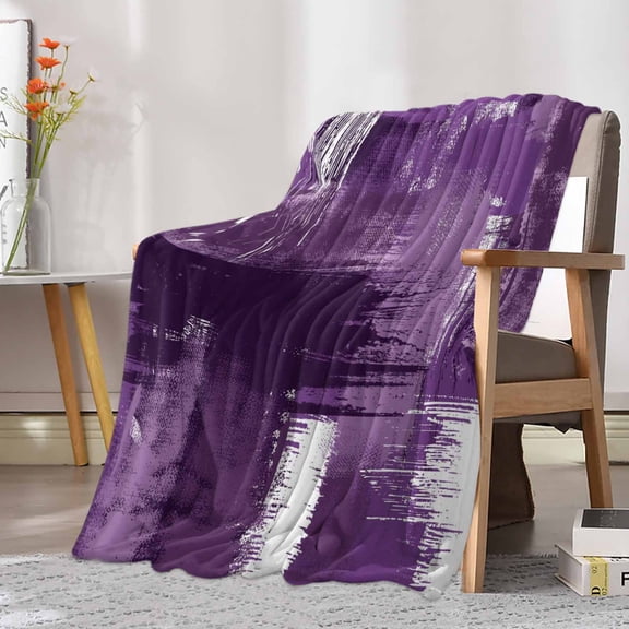 Fleece Blanket Abstract Minimalism Graffiti Art Painting Blankets, Soft Cozy Warm Flannel Throw Blanket, Purple on White Blanket for Bed Couch Sofa,30x40In