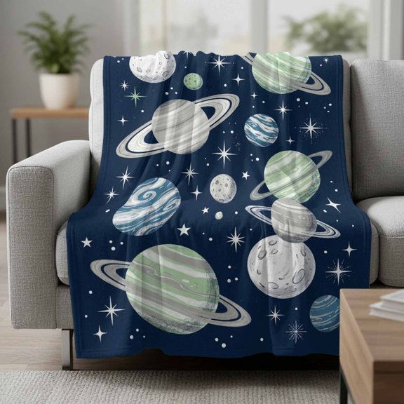 Fleece Blanket Abstract Navy White Sage Planets Stars Blankets,Soft Cozy Warm Flannel Throw Blanket,Saturn Rings Blanket for Bed Couch Sofa 30x40in