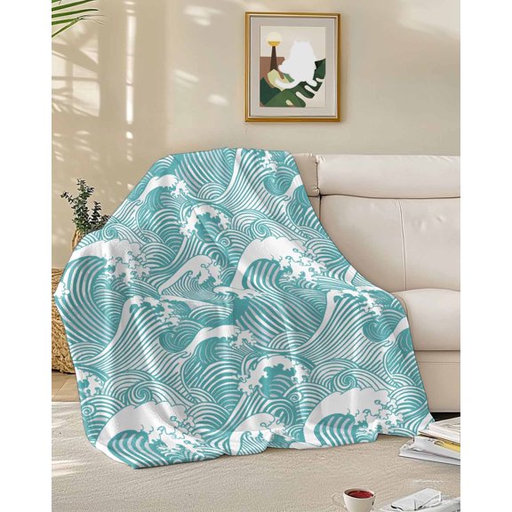 Fleece Blanket Abstract Ocean Waves Blankets, Soft Cozy Warm Flannel Throw Blanket, Sea Geometric Lines Blanket for Bed Couch Sofa,50x60In