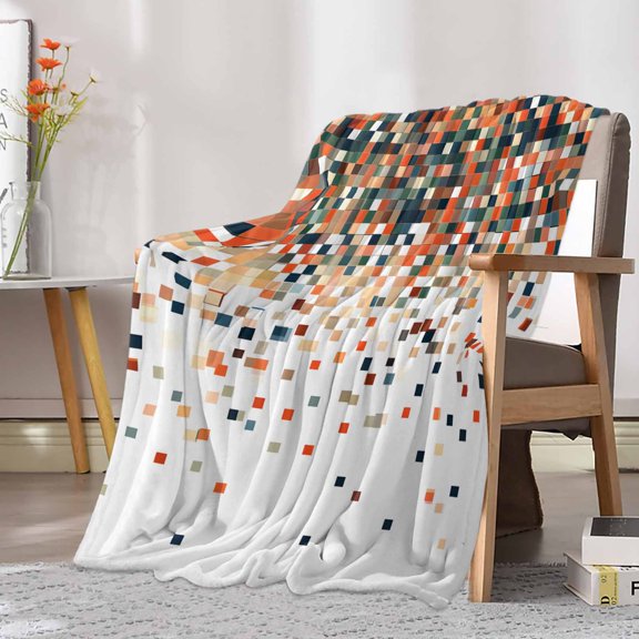 Fleece Blanket Abstract Orange Red Color Block Blankets, Soft Cozy Warm Flannel Throw Blanket, Gradient Brown Check Blanket for Bed Couch Sofa,30x40In