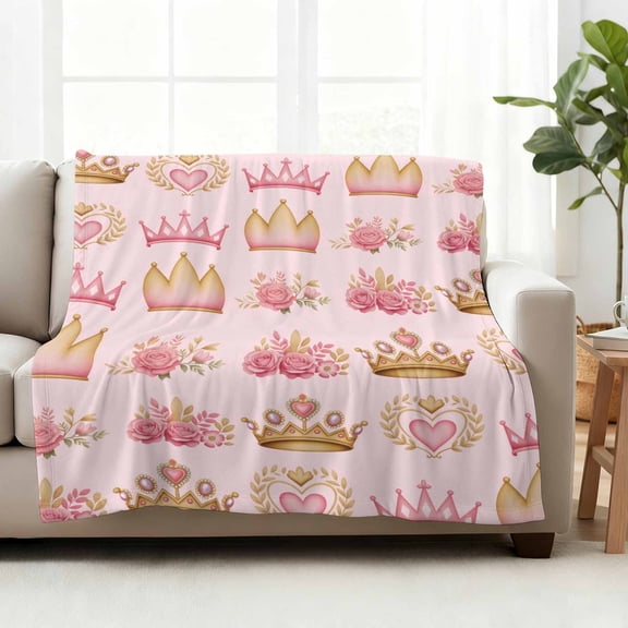 Fleece Blanket Abstract Pink Flowers Princess Crown Blankets,Soft Cozy Warm Flannel Throw Blanket,Rose Love Heart Blanket for Bed Couch Sofa 40x50in