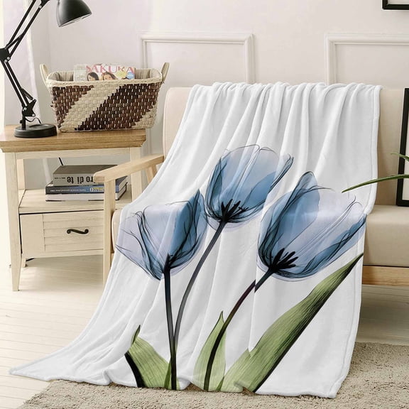 Fleece Blanket Abstract Spring Blue Tulip Flower Blankets, Soft Cozy Warm Flannel Throw Blanket, Pastoral Blossom Floral Blanket for Bed Couch Sofa,40x50In