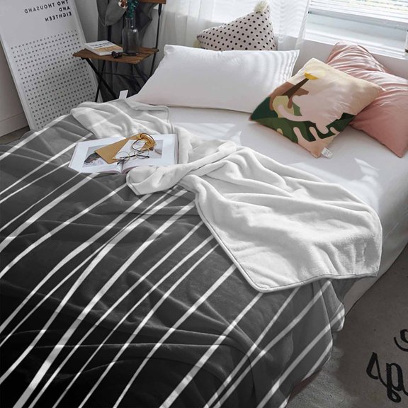 Fleece Blanket Abstract Stripes on Black Background Blankets, Soft Cozy Warm Flannel Throw Blanket, Gradient White Lines Blanket for Bed Couch Sofa,60x80In