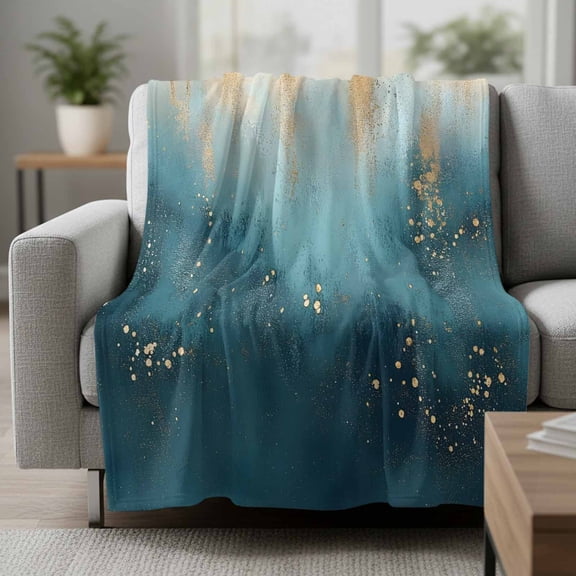 Fleece Blanket Abstract Teal Gold Gradient Art Blankets,Soft Cozy Warm Flannel Throw Blanket,Modern Minimalist Color Ombre Blanket for Bed Couch Sofa 30x40in