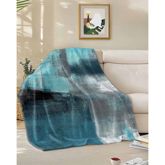 Fleece Blanket Abstract Turquoise Grey Graffiti Blankets, Soft Cozy Warm Flannel Throw Blanket, Retro Paint Texture Blanket for Bed Couch Sofa,50x60In