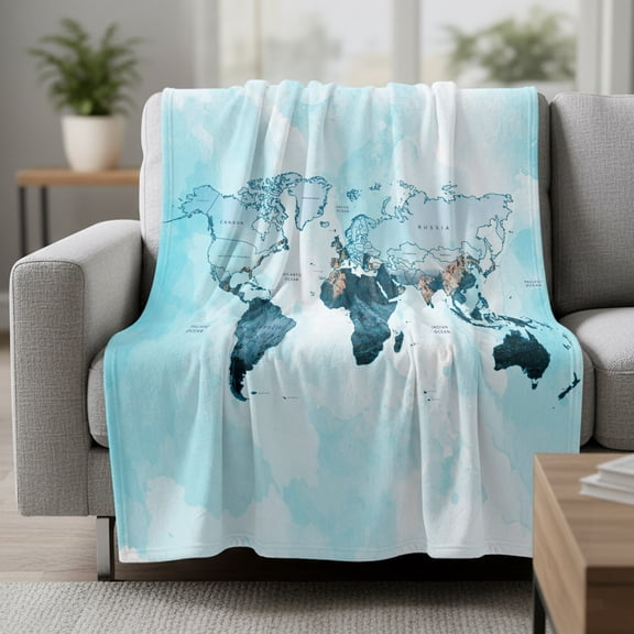 Fleece Blanket Abstract World Map Blankets,Soft Cozy Warm Flannel Throw Blanket,Teal Blue Gradient Blanket for Bed Couch Sofa 30x40in