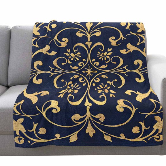 Fleece Blanket Abstract Yellow Flower Pattern on Blue Blankets,Soft Cozy Warm Flannel Throw Blanket,Baroque Style Blanket for Bed Couch Sofa 30x40in