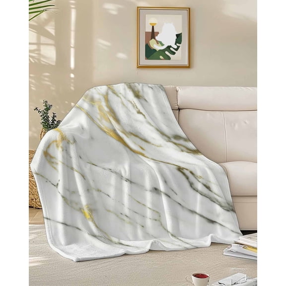 Fleece Blanket Abstraction Marble Marble Texture Blankets, Soft Cozy Warm Flannel Throw Blanket, Gold Gray Line Blanket for Bed Couch Sofa,50x60In