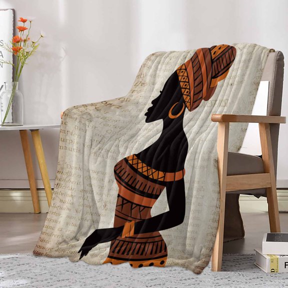 Fleece Blanket African Black Women on Vintage Blankets, Soft Cozy Warm Flannel Throw Blanket, Nation Geometric Pattern Blanket for Bed Couch Sofa,30x40In