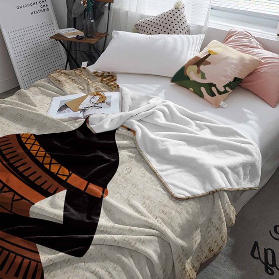 Fleece Blanket African Black Women on Vintage Blankets, Soft Cozy Warm Flannel Throw Blanket, Nation Geometric Pattern Blanket for Bed Couch Sofa,60x80In
