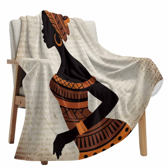 Fleece Blanket African Black Women on Vintage Blankets, Soft Cozy Warm Flannel Throw Blanket, Nation Geometric Pattern lanket for Bed Couch Sofa,50x80In