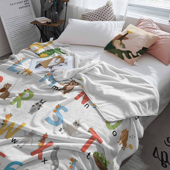 Fleece Blanket Alphabet Number Cartoon Animal Blankets, Soft Cozy Warm Flannel Throw Blanket, English Letter Blanket for Bed Couch Sofa,60x80In