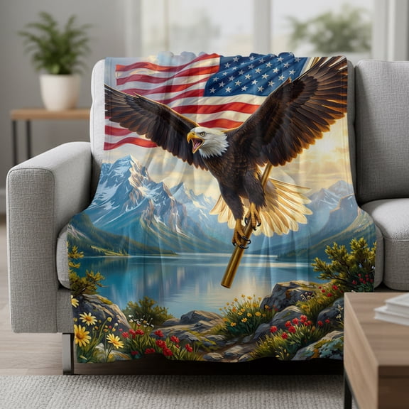 Fleece Blanket American Flag Patriotic Eagle Blankets,Soft Cozy Warm Flannel Throw Blanket,Mountain Lake Flower Scenery Blanket for Bed Couch Sofa 30x40in