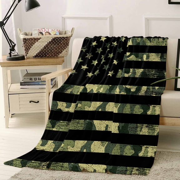 Fleece Blanket American Retro Stars and Stripes Flag Blankets, Soft Cozy Warm Flannel Throw Blanket, Forests Army Camouflage Blanket for Bed Couch Sofa,40x50In