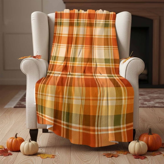 Fleece Blanket Autumn Season Orange Plaid Blankets,Soft Cozy Warm Flannel Throw Blanket,Thanksgiving Theme Check Blanket for Bed Couch Sofa 40x50in