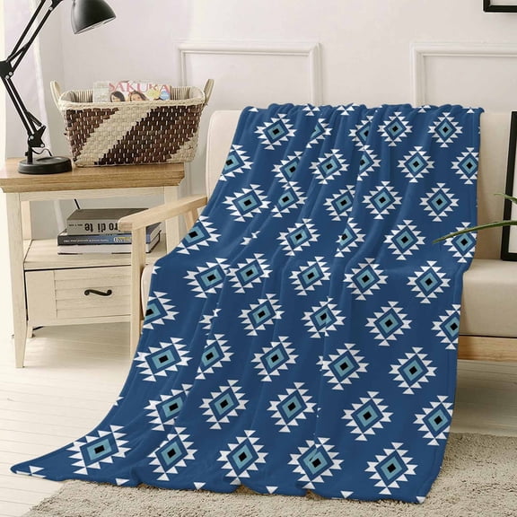 Fleece Blanket Aztec Ethnic Style Dark Blue Blankets, Soft Cozy Warm Flannel Throw Blanket, Abstract Geometric Blanket for Bed Couch Sofa,40x50In