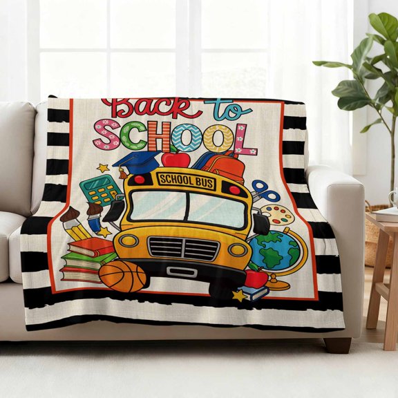 Fleece Blanket Back To School Bus Book Blankets,Soft Cozy Warm Flannel Throw Blanket,Basketball Black Stripe Flax Blanket for Bed Couch Sofa 50x60in