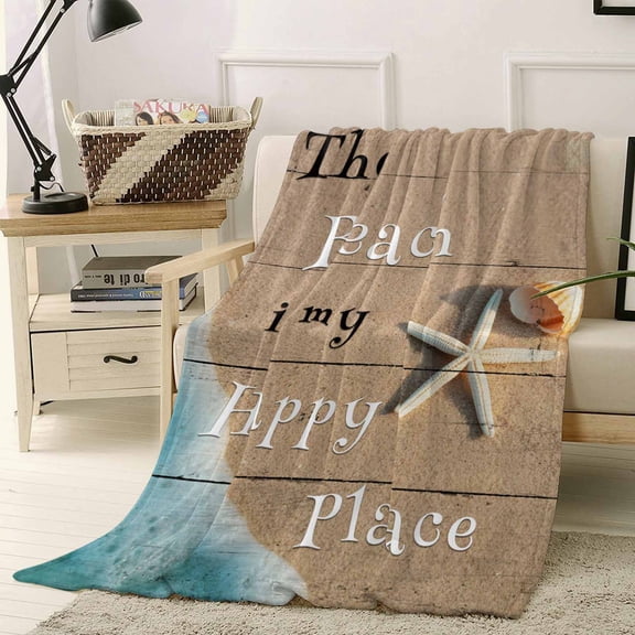 Fleece Blanket Beach Happy Place Starfish Shells Blankets, Soft Cozy Warm Flannel Throw Blanket, Seaside Sea Water Blanket for Bed Couch Sofa,40x50In