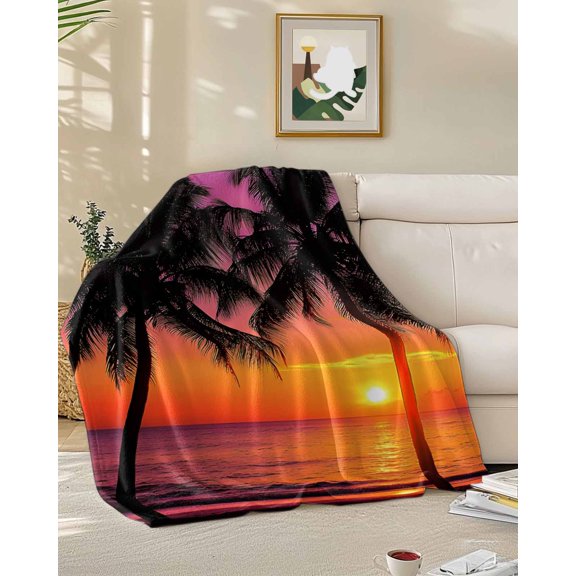 Fleece Blanket Beach Sunset Summer Coconut Tree Blankets, Soft Cozy Warm Flannel Throw Blanket, Tropical Plant Shadow Blanket for Bed Couch Sofa,50x60In