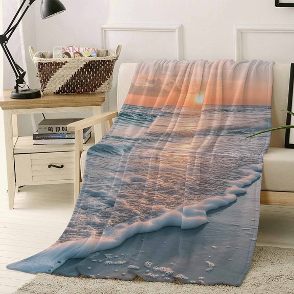 Fleece Blanket Beach Waves Summer Sunset Blankets, Soft Cozy Warm Flannel Throw Blanket, Blue Sea Water Blanket for Bed Couch Sofa,40x50In