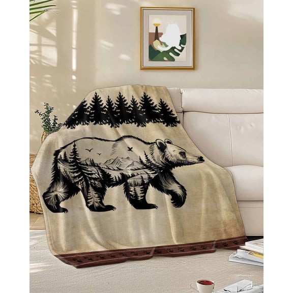 Fleece Blanket Bear Forest Mountains Animal Silhouette Blankets, Soft Cozy Warm Flannel Throw Blanket, Vintage Brown Gradient Blanket for Bed Couch Sofa,50x60In