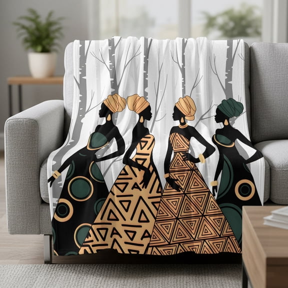 Fleece Blanket Black African Women Blankets,Soft Cozy Warm Flannel Throw Blanket,Boho Ethnic Style Forest Tree Blanket for Bed Couch Sofa 30x40in