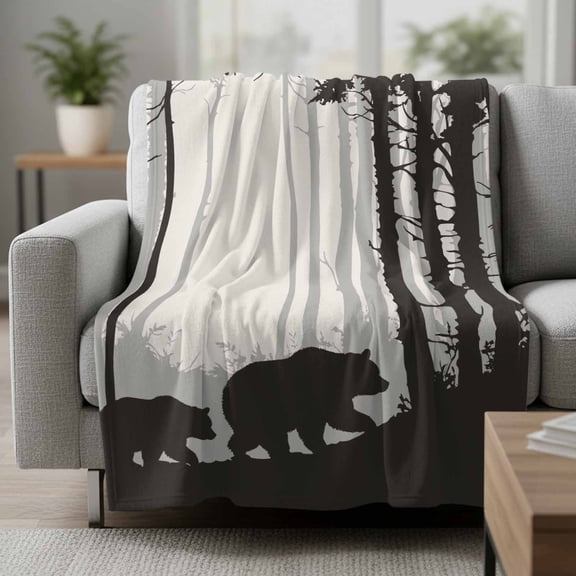 Fleece Blanket Black Bear Forest Tree Blankets,Soft Cozy Warm Flannel Throw Blanket,Watercolor Summer Botanical Blanket for Bed Couch Sofa 50x60in
