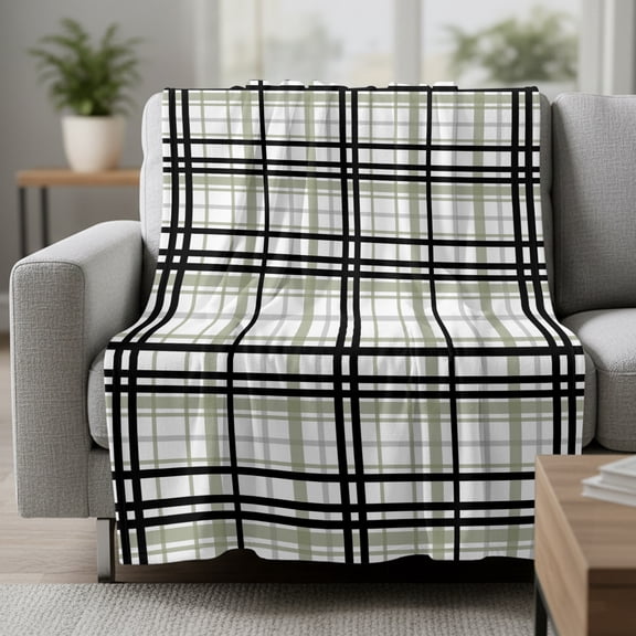 Fleece Blanket Black Sage Green Checkered Blankets,Soft Cozy Warm Flannel Throw Blanket,Modern Geometric Stripe Plaid Blanket for Bed Couch Sofa 30x40in