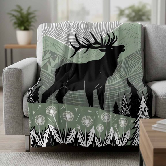 Fleece Blanket Black Wildlife Elk Blankets,Soft Cozy Warm Flannel Throw Blanket,Bohemian Green Mountain Peaks Blanket for Bed Couch Sofa 30x40in