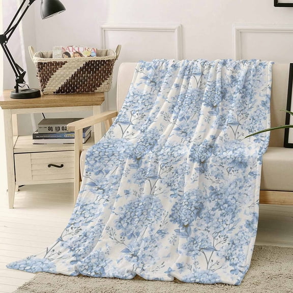 Fleece Blanket Blossoms Hydrangea Floral Blankets, Soft Cozy Warm Flannel Throw Blanket, Blue Flowers Blanket for Bed Couch Sofa,40x50In