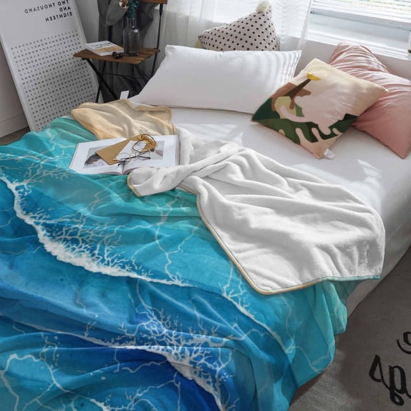 Fleece Blanket Blue Brown Gradual Wave Blankets, Soft Cozy Warm Flannel Throw Blanket, Abstract Geometric Art Blanket for Bed Couch Sofa,60x80In