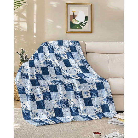 Fleece Blanket Blue Checkered Rustic Floral Blankets, Soft Cozy Warm Flannel Throw Blanket, Wave Point on Square Blanket for Bed Couch Sofa,50x60In