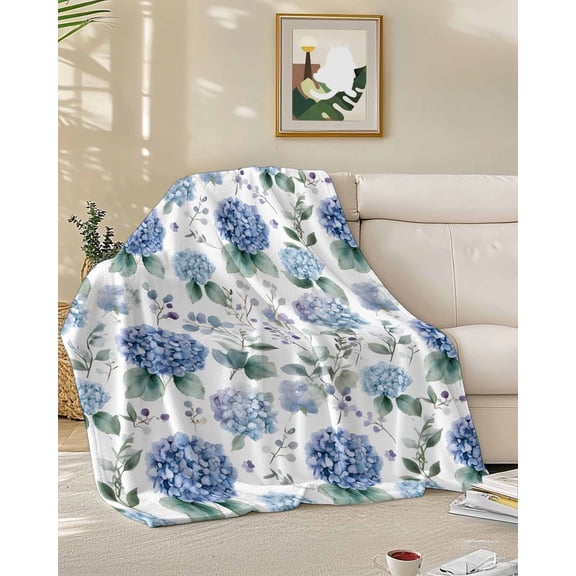 Fleece Blanket Blue Flower Hydrangea Eucalyptus Leaf Blankets, Soft Cozy Warm Flannel Throw Blanket, Watercolor Floral Seamless Blanket for Bed Couch Sofa,50x60In
