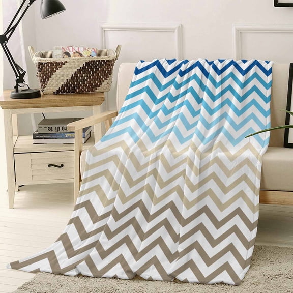 Fleece Blanket Blue Gradient Ripple Zigzag Chevron Blankets, Soft Cozy Warm Flannel Throw Blanket, Abstract Geometric Blanket for Bed Couch Sofa,40x50In