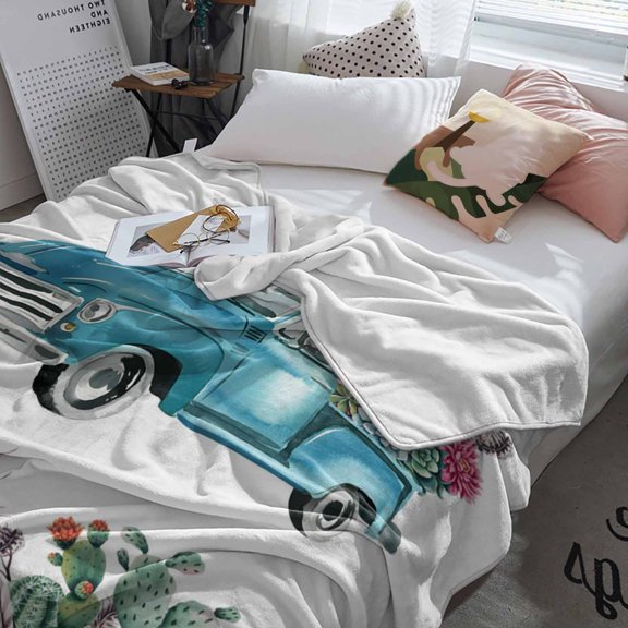 Fleece Blanket Blue Truck with Cactus Blankets, Soft Cozy Warm Flannel Throw Blanket, Tropical Plant Flower Blanket for Bed Couch Sofa,60x80In