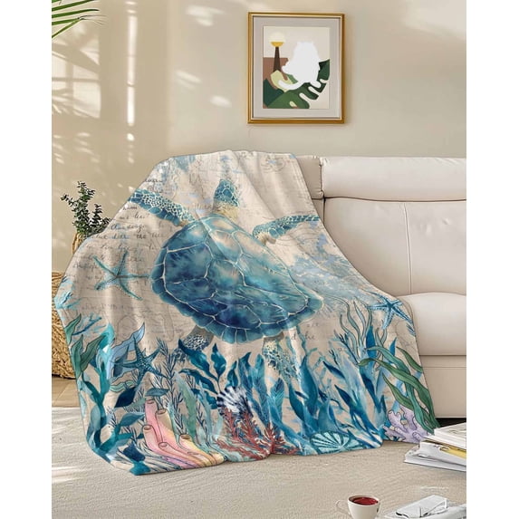 Fleece Blanket Blue Turtle Coral Sea Anemone Blankets, Soft Cozy Warm Flannel Throw Blanket, Starfish Vintage Letter Blanket for Bed Couch Sofa,50x60In