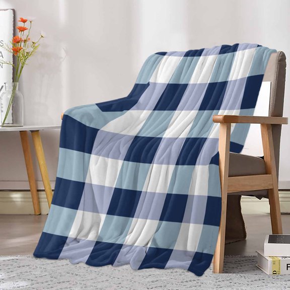 Fleece Blanket Blue White Gingham Plaid Blankets, Soft Cozy Warm Flannel Throw Blanket, Nautical Checkered Blanket for Bed Couch Sofa,30x40In