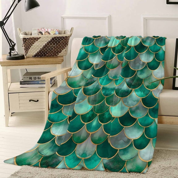 Fleece Blanket Bohemian Emerald Green Fish Scales Blankets, Soft Cozy Warm Flannel Throw Blanket, Retro Abstract Blanket for Bed Couch Sofa,40x50In