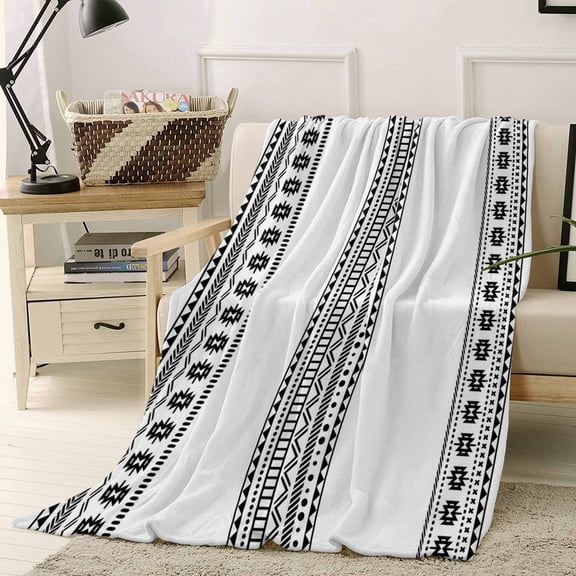 Fleece Blanket Bohemian Geometric Art Lines Blankets, Soft Cozy Warm Flannel Throw Blanket, Black and White Blanket for Bed Couch Sofa,40x50In