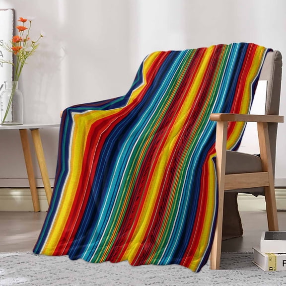 Fleece Blanket Boho Ethnic Mexican Stripes Blankets, Soft Cozy Warm Flannel Throw Blanket, Native Colorful American Stripe Blanket for Bed Couch Sofa,30x40In