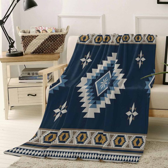 Fleece Blanket Boho Geometric Retro Lines Blankets, Soft Cozy Warm Flannel Throw Blanket, Abstract Tribal Pattern Blanket for Bed Couch Sofa,40x50In