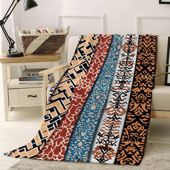 Fleece Blanket Boho Stripes Ethnic Style Blankets, Soft Cozy Warm Flannel Throw Blanket, Retro Abstract Totem Blanket for Bed Couch Sofa,40x50In