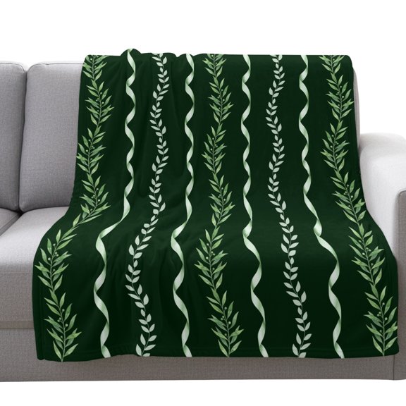 Fleece Blanket Botanical Leaves Green Ribbons Blankets,Soft Cozy Warm Flannel Throw Blanket,Summer Foliage Plant Blanket for Bed Couch Sofa 40x50in