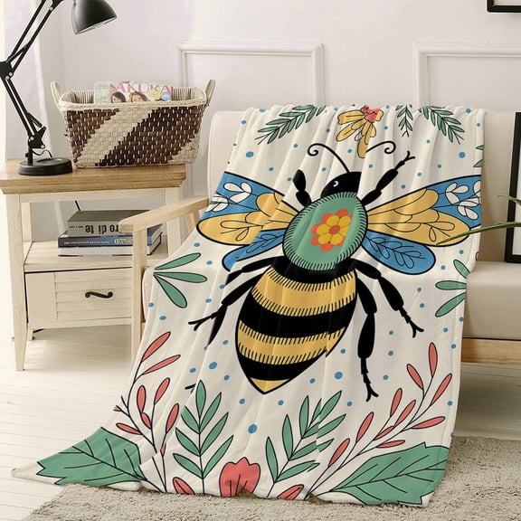 Fleece Blanket Bumble Bee Flower Leaves Blankets, Soft Cozy Warm Flannel Throw Blanket, Blue Polka Dot Blanket for Bed Couch Sofa,40x50In
