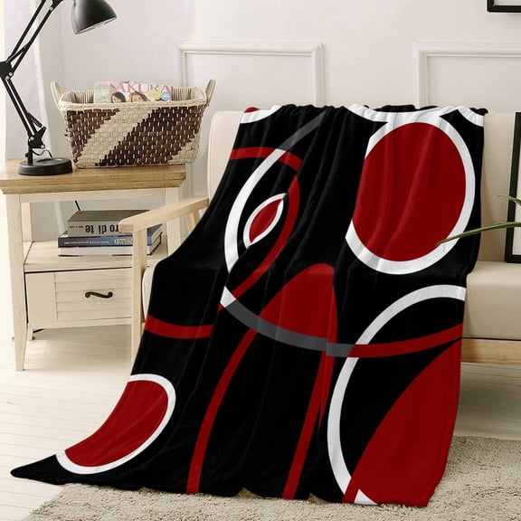 Fleece Blanket Burgundy Red Color Block Blankets, Soft Cozy Warm Flannel Throw Blanket, Abstract Geometric Black Stripe Blanket for Bed Couch Sofa,40x50In