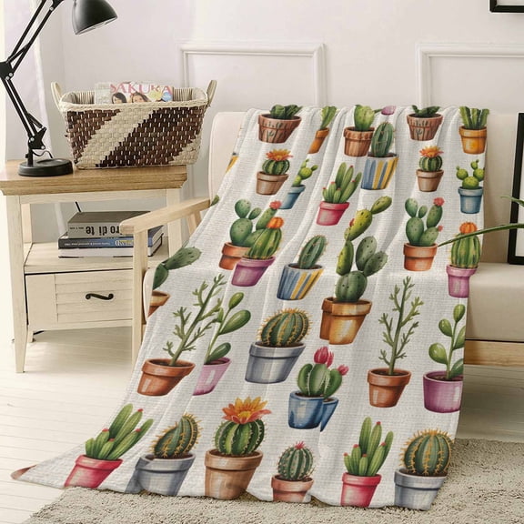 Fleece Blanket Cactus Summer Tropical Plant Blankets, Soft Cozy Warm Flannel Throw Blanket, Vintage Potted Greenery Blanket for Bed Couch Sofa,40x50In