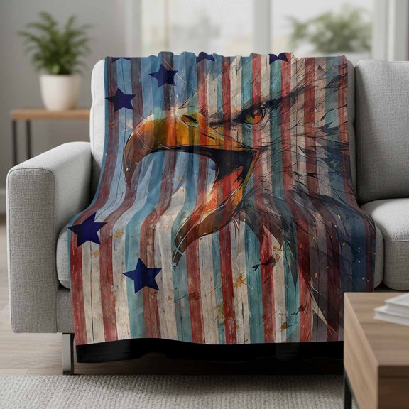 Fleece Blanket Cartoon American Eagle Blankets,Soft Cozy Warm Flannel Throw Blanket,Red White Blue Wood Grain Stars Blanket for Bed Couch Sofa 30x40in